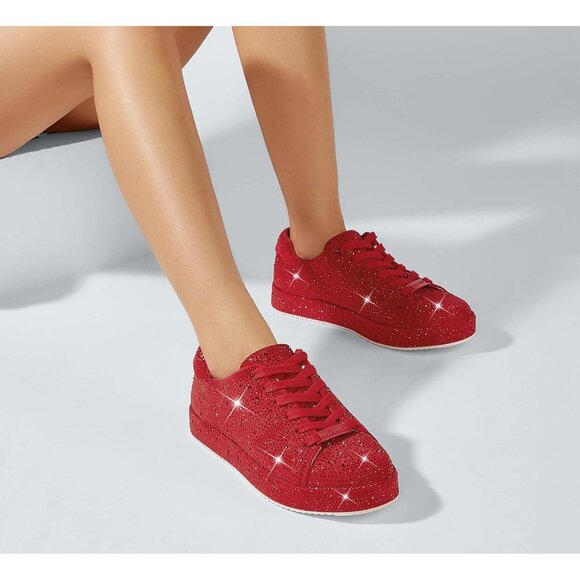 Women's Red Platform Rhinestone Fashion Glitter Sneakers Sparkly Shiny Shoes - Picture 2 of 9